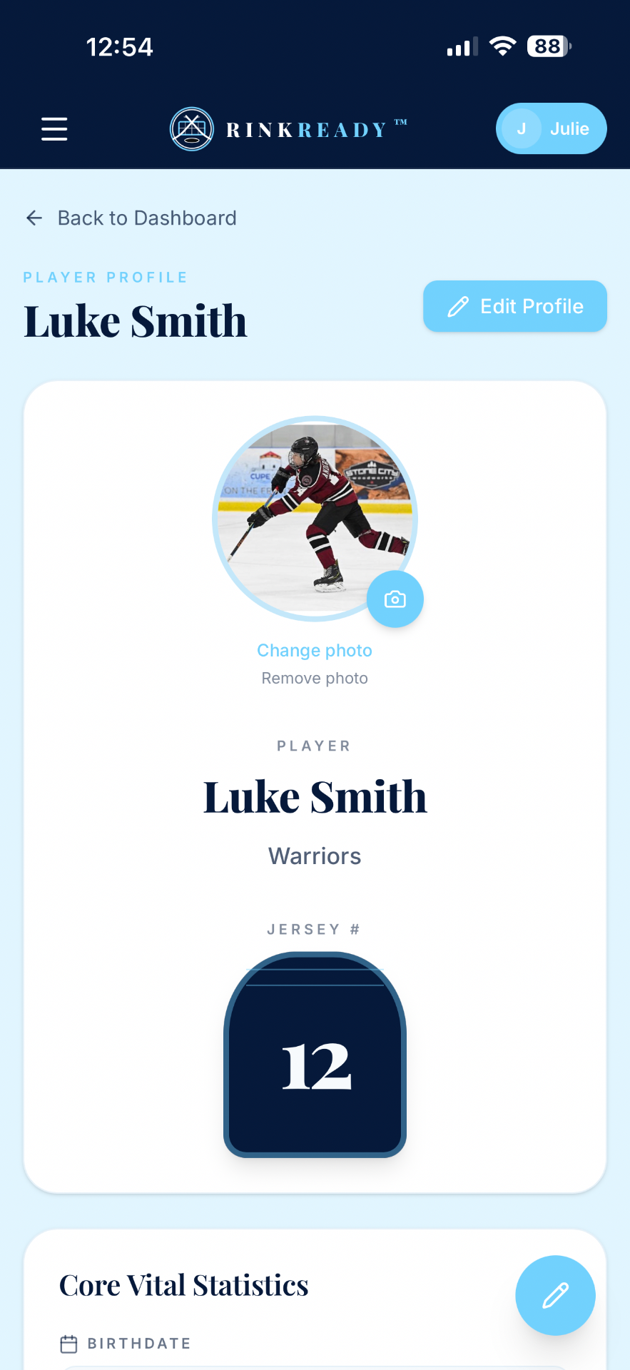 Rink Ready player profile screen showing a skater photo, name, team, and jersey number