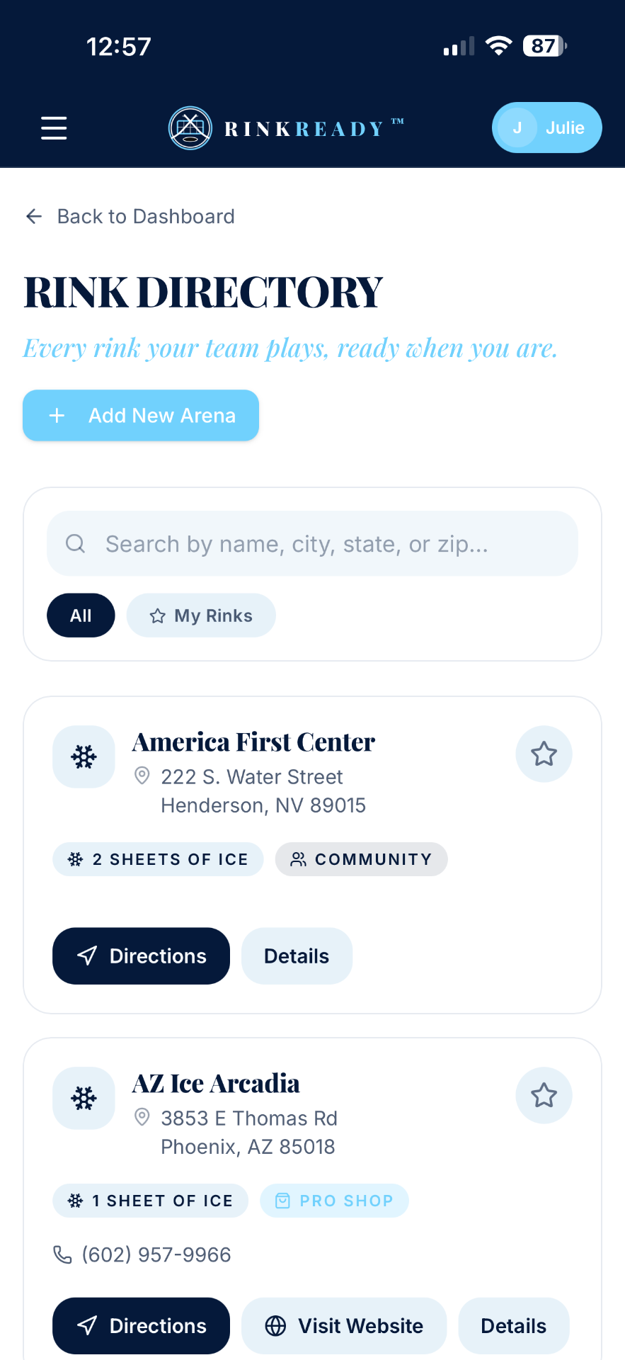 Rink Ready rink directory screen showing saved rinks with addresses, ice sheets, and directions