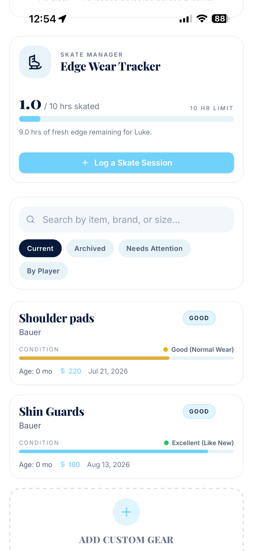 Rink Ready equipment manager screen showing the edge wear tracker and gear list