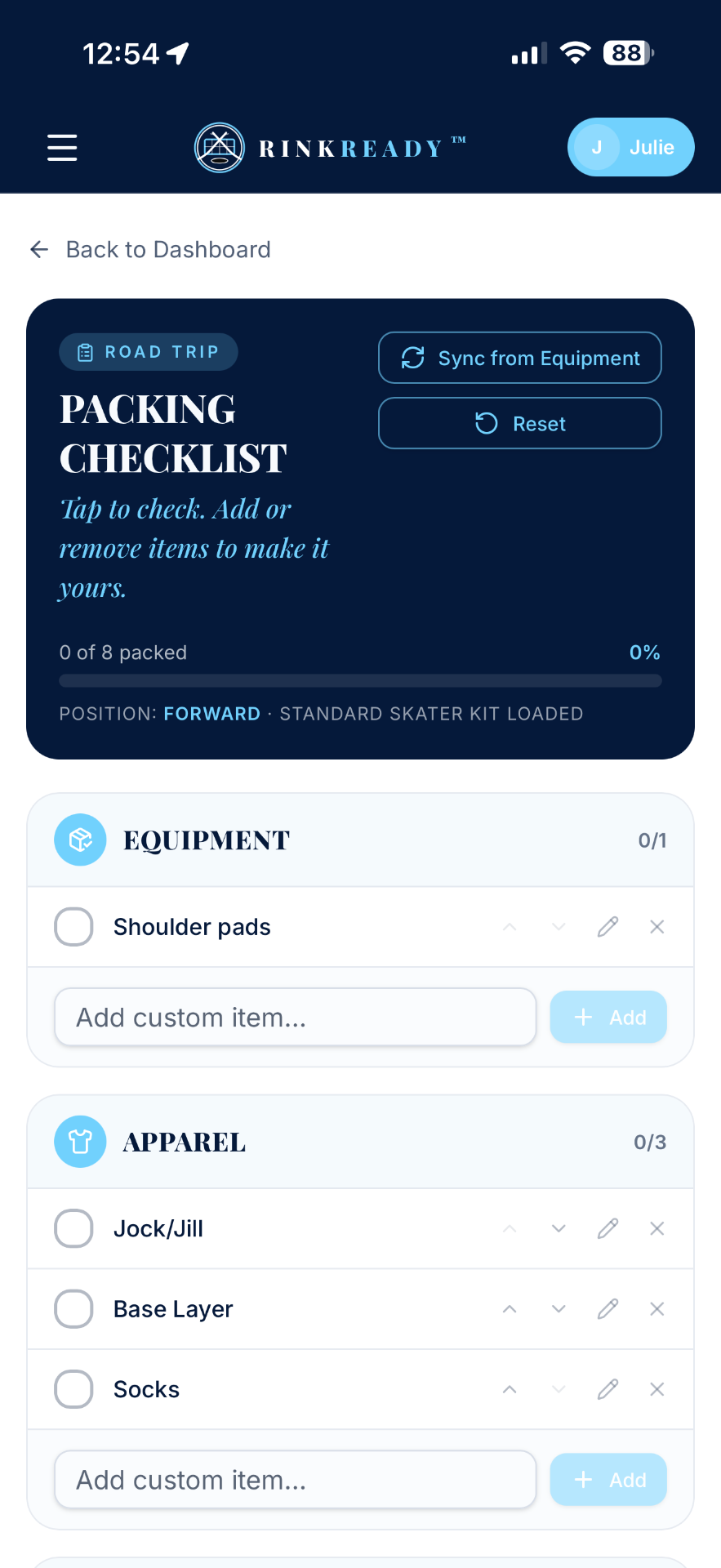 Rink Ready packing checklist screen showing a road trip checklist with equipment and apparel sections